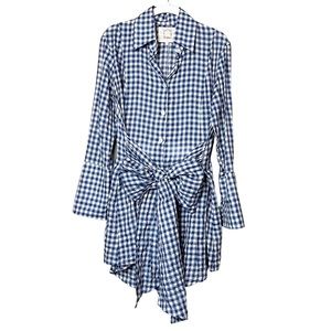 BELL Alicia Bell blue gingham tunic top 8 button front bow belted 100% cotton